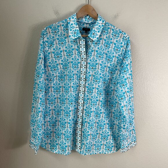 Talbots Womens Petite XL Modern Classic Button Down Shirt Damask Bouquet Blouse - Picture 6 of 12